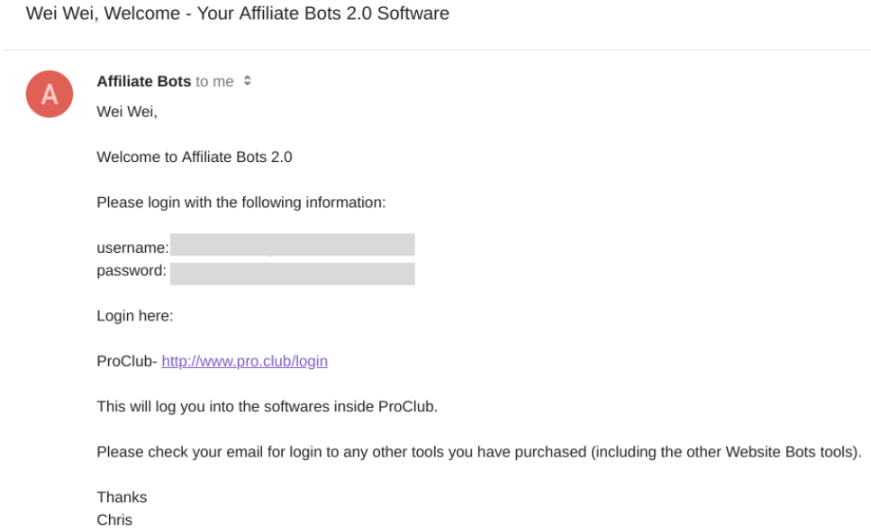 Confirmation email from Affiliate Bots 2.0