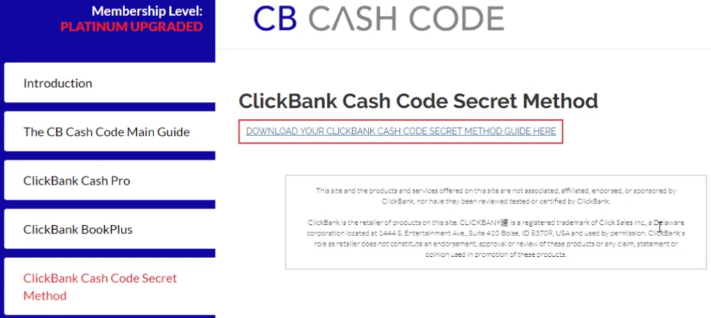 Member's area of CB Cash Code